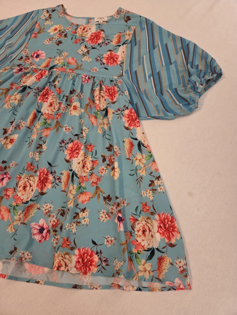 UMGEE Teal Blue Floral Multicolor Print Balloon Sleeve Scoop Neck Tunic Dress M - Picture 7 of 13